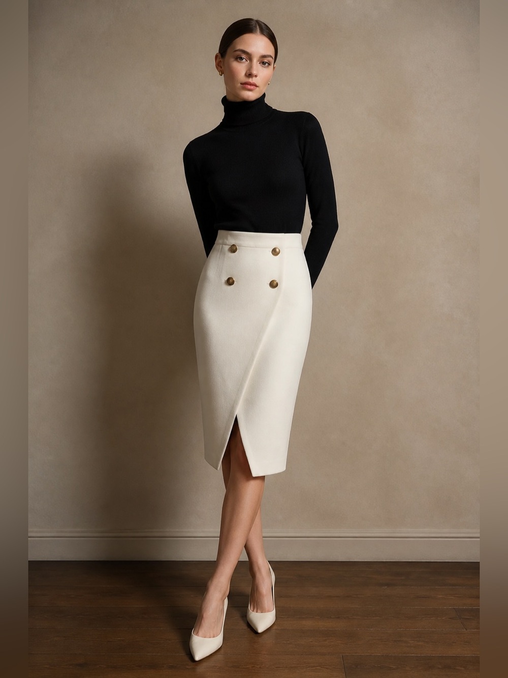Zara Off White Wrap Pencil lined Skirt with Gold Buttons and side zipper.